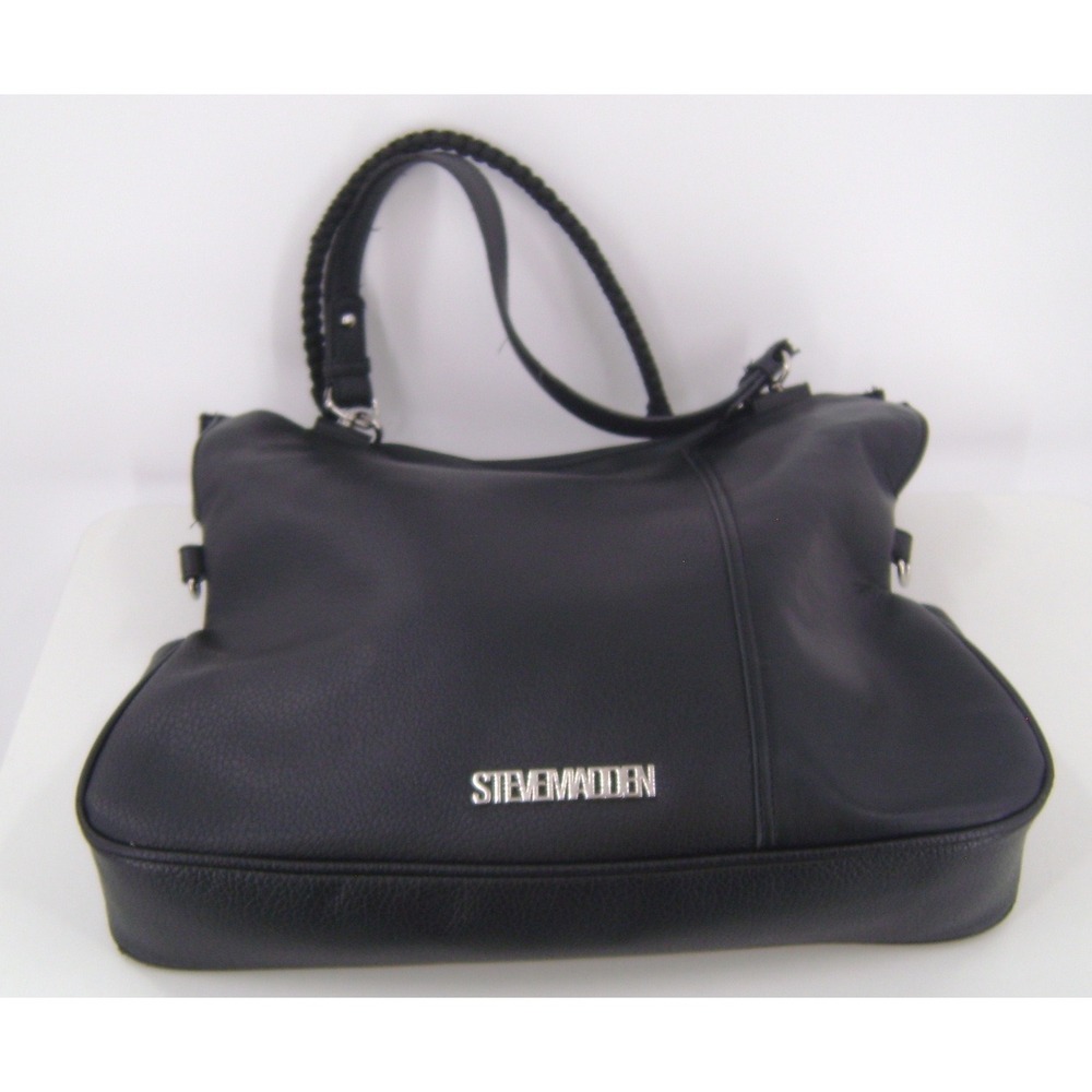 Steve Madden Black Pebbled Faux Leather Hobo 3 Compartment Large Handbag Satchel